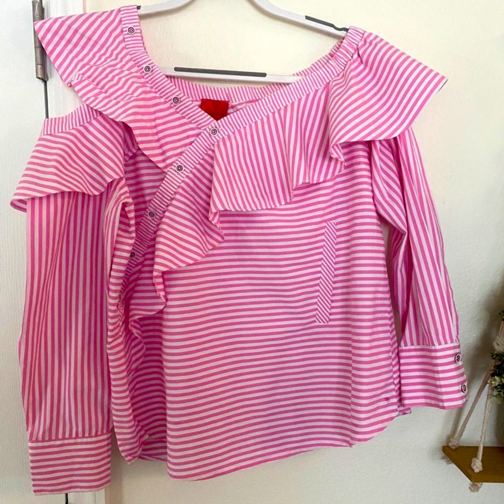 V Cristina White/Pink Pinstripe Cold Shoulder Asymmetric Button Down Shirt L